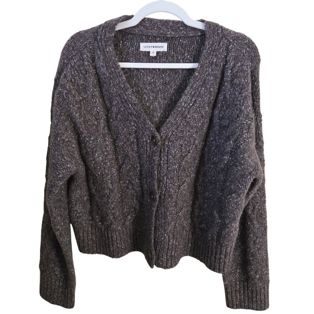 Lucky Brand 2025 Brown Marled Chunky CableKnit V Neck Wool Blend Cardigan Size M - Picture 2 of 8
